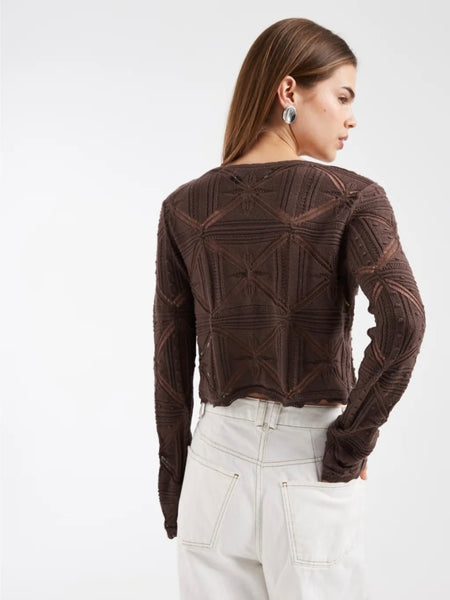 VM Crochet Long Sleeve Tie Front Top in Chocolate Brown