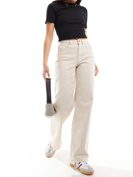 Only Juicy High Waist Wide Leg Jeans In Ecru