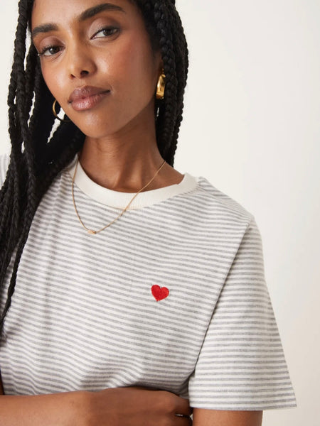 JDY Short Sleeve Heart Tshirt In Grey Stripe