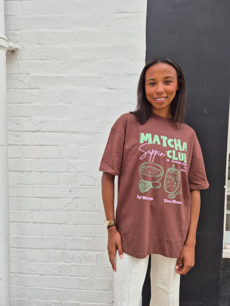 Matcha Sippin Club Oversized Tshirt In Brown