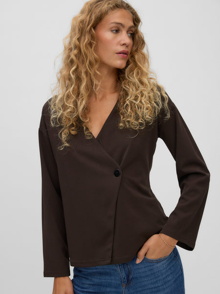 VM Asymmetric Wrap Front Long Sleeve Top In Chocolate Brown