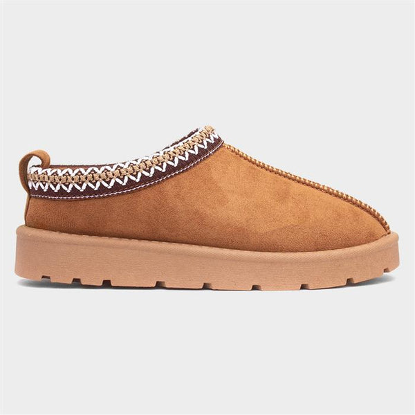 Embroidered Slip On Cosy Taz Slipper Shoe In Chestnut