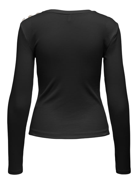 Only Rhinestone Long Sleeve Ribbed Top In Black