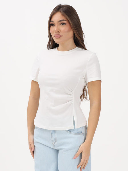 JDY Short Sleeve Ruched Front Tshirt In White