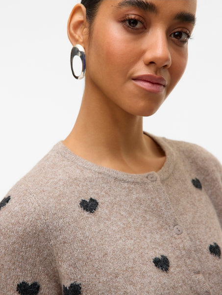 VM Short Sleeve Heart Knit Cardigan In Oatmeal