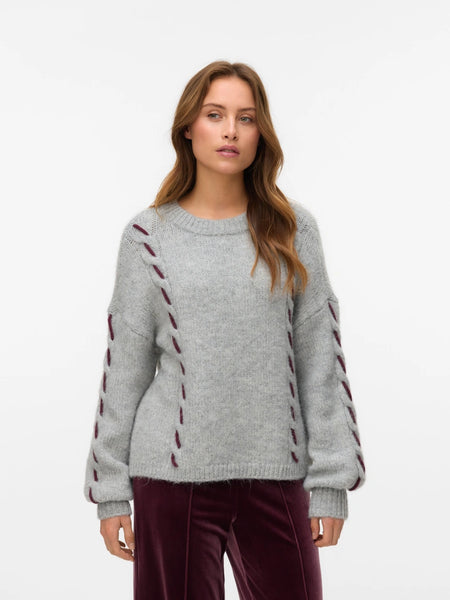 VM Cable Knit Jumper with Contrast Handstitch Detail In Grey