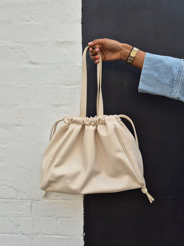 Pieces Cream Ruched Drawstring Shoulder Bag
