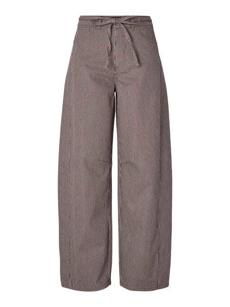 Pieces Brown Pinstripe Barrel Tie Waist Jeans