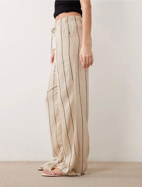 JDY Wide Leg Seersucker Stripe Trousers in Ecru