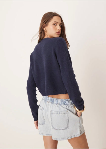 JDY Chloe Crew Neck Cardigan In Navy
