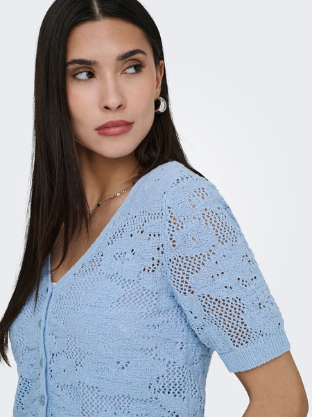 Only Crochet Knit Vneck Cardigan In Baby Blue