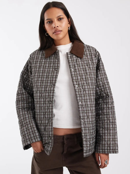 Pieces Quilted Short Jacket With Cord Collar In Green & Burgundy Check