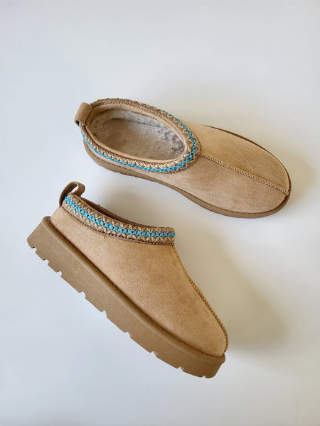 Embroidered Slip On Cosy Taz Slipper Shoe In Biscuit