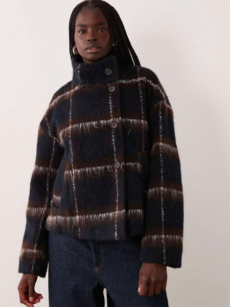 Vila Brushed Wool Feel Funnel Neck Coat In Navy & Brown Check