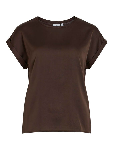 Vila Satin Front Short Sleeve Tshirt In Brown