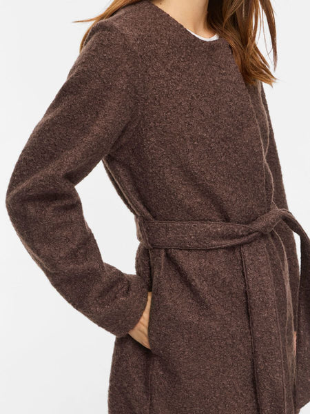 Vila Round Neck Classic Belted Coat In Chocolate Brown