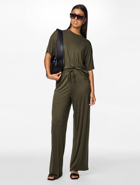 Pieces Wide Leg Trousers & Tshirt Co-ord Set In Khaki - Items Sold Separately