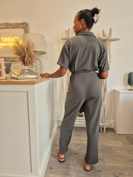Only Short Sleeve Zip Front Jumpsuit In Khaki