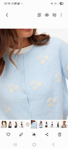 VM Short Sleeve Cherry Knit Cardigan In Baby Blue