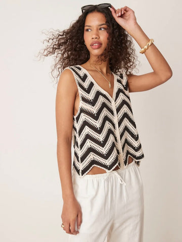 Vila Chevron Crochet Knit Waistcoat In Black & Cream