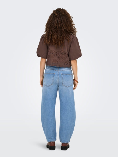Only Embroidered Tie Front Short Sleeve Top In Brown