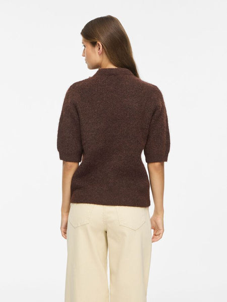 Vila Tie Neck Short Sleeve Knit Top In Brown