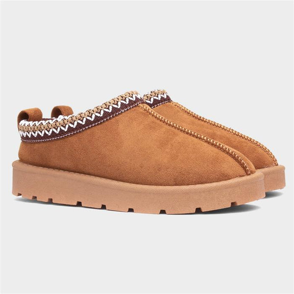 Embroidered Slip On Cosy Taz Slipper Shoe In Chestnut