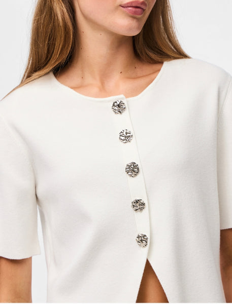 Pieces Button Front Short Sleeve Knit Top In White