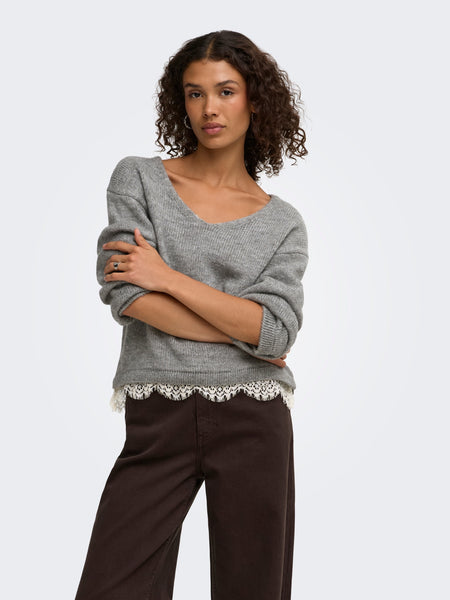 JDY Long Sleeve Vneck Lace Trim Knitted Jumper In Grey