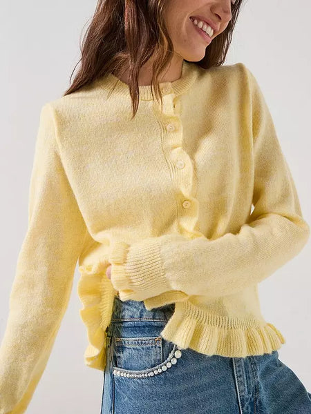 JDY Ruffle Hem Knitted Cardigan In Lemon