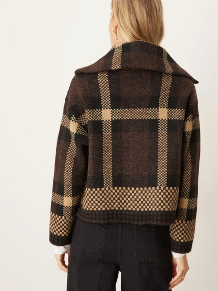 JDY Open Collar Zip Cardigan In Brown Check