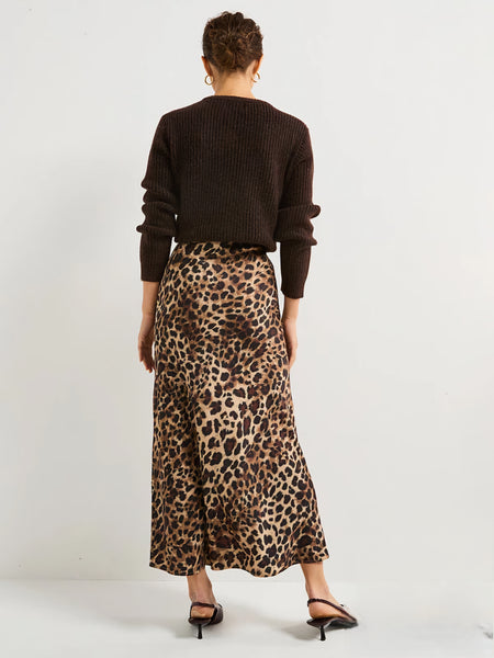 Only Satin Bias Cut Midi Skirt In Leopard Print