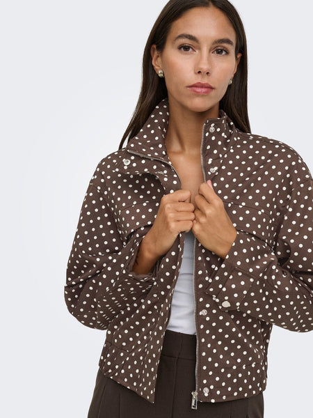 JDY Funnel Neck Jacket In Brown Polkadot