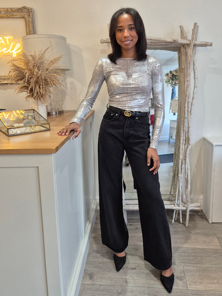 Vila Silver Boatneck Long Sleeve Ruched Top
