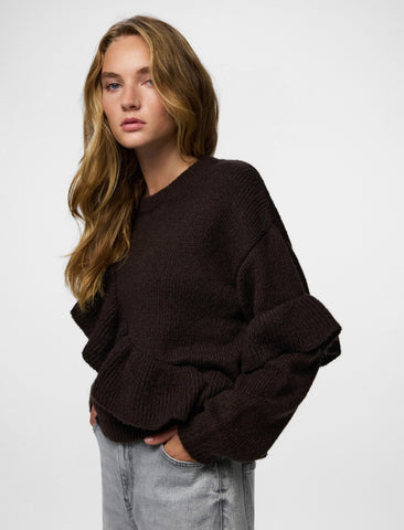 Pieces Ruffle Frill Knit Jumper In Chocolate Brown