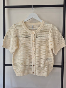 Only Short Sleeve Gold Button Front Crochet Cardigan In Birch