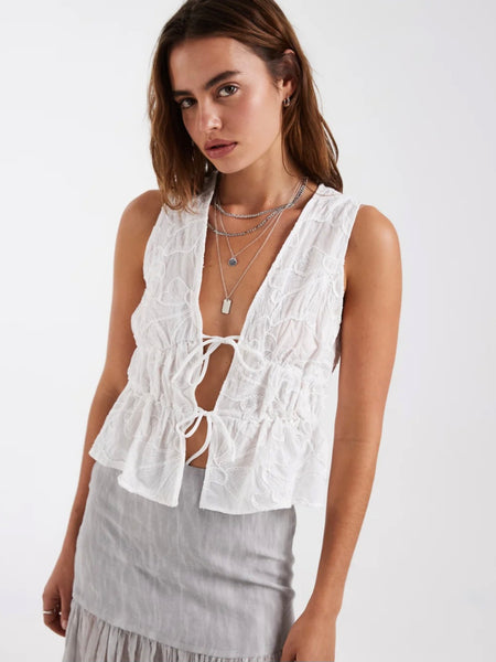 VM Floral Embroidered Tie Front Sleeveless Top
