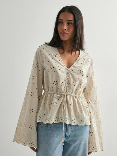 Pieces Tie Front Long Sleeve Broderie Anglaise Blouse