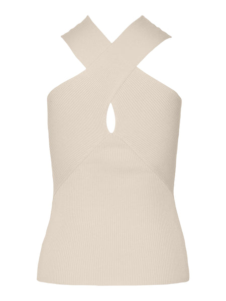 VM Crossover Ribbed Knit Top In Beige