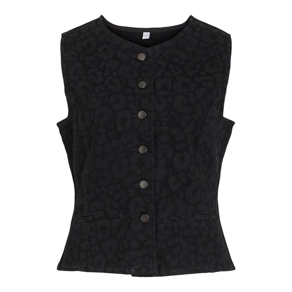 Vila Denim Leopard Print Waistcoat Co-ord In Black