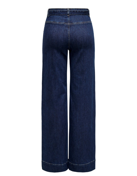 Only Tie Waist Seam Front Wide Leg Jeans In Dark Blue