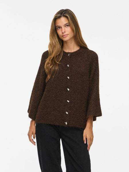 Vila 3/4 Sleeve Knitted Cardigan In Brown