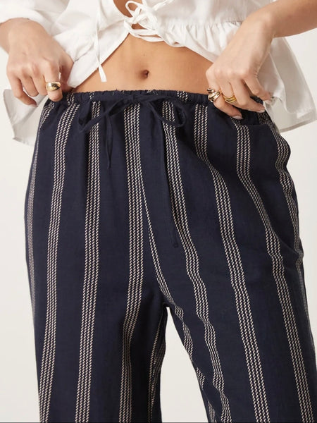 Vila Navy Rope Stripe Elasticated Tie Waist Wide Leg Trousers