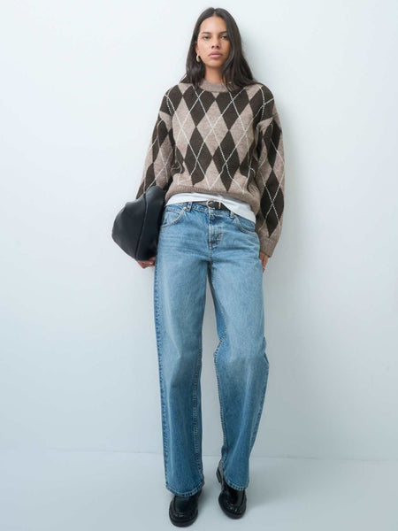 JDY Crew Neck Knit Jumper In Chocolate Argyle