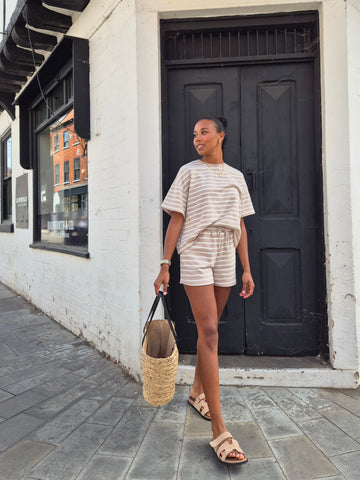 Pieces Beige Stripe Jersey T-shirt & Short Co-ord Set - Items Sold Separately