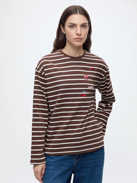 Pieces Long Sleeve Oversized Embroidered Rugby Tshirt In Brown Stripe