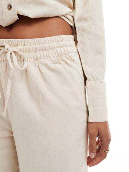 JDY High Waist Wide Leg Linen Trousers In Oatmeal