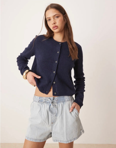JDY Chloe Crew Neck Cardigan In Navy