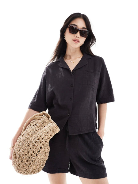 Only Cheesecloth Short Sleeve Shirt & Shorts In Black - Co-ord