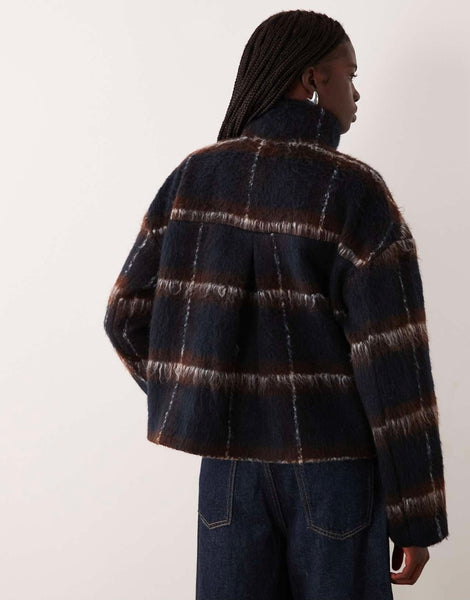 Vila Brushed Wool Feel Funnel Neck Coat In Navy & Brown Check